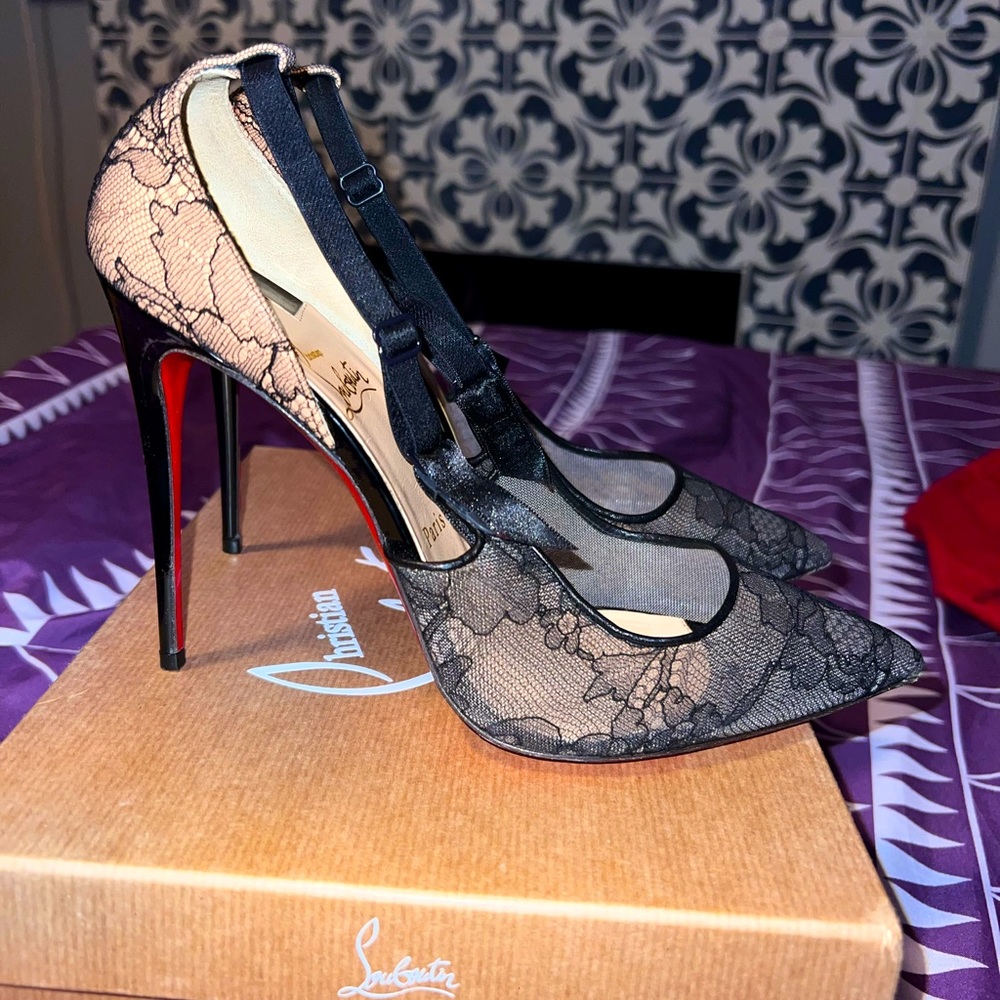 Christian Louboutin Floral Print Mesh Accents Slingback Pumps 🕸️❤️